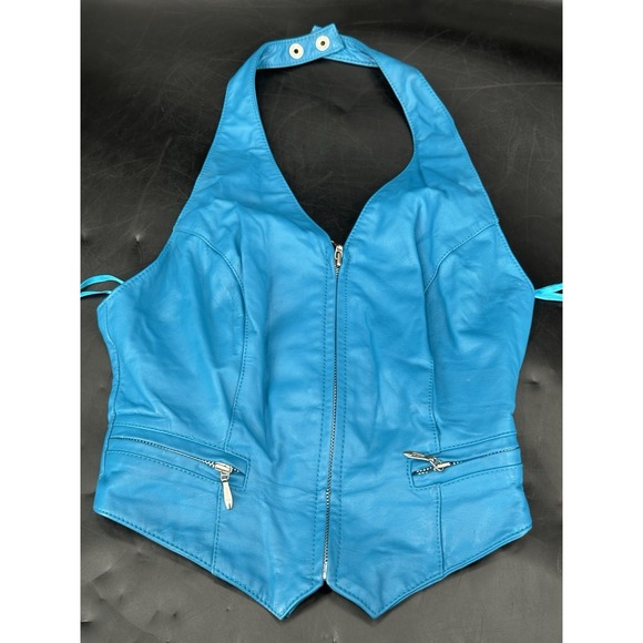 Vintage Wilson Leather Halter Top Turquoise Blue Zip Up Biker Babe Top Size S